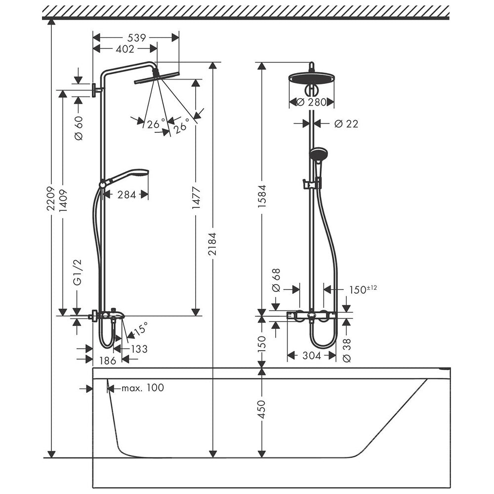 
                  
                    hansgrohe 漢斯格雅 Croma Select S 恆溫 頂灑 淋浴浴缸龍頭組 26792
                  
                